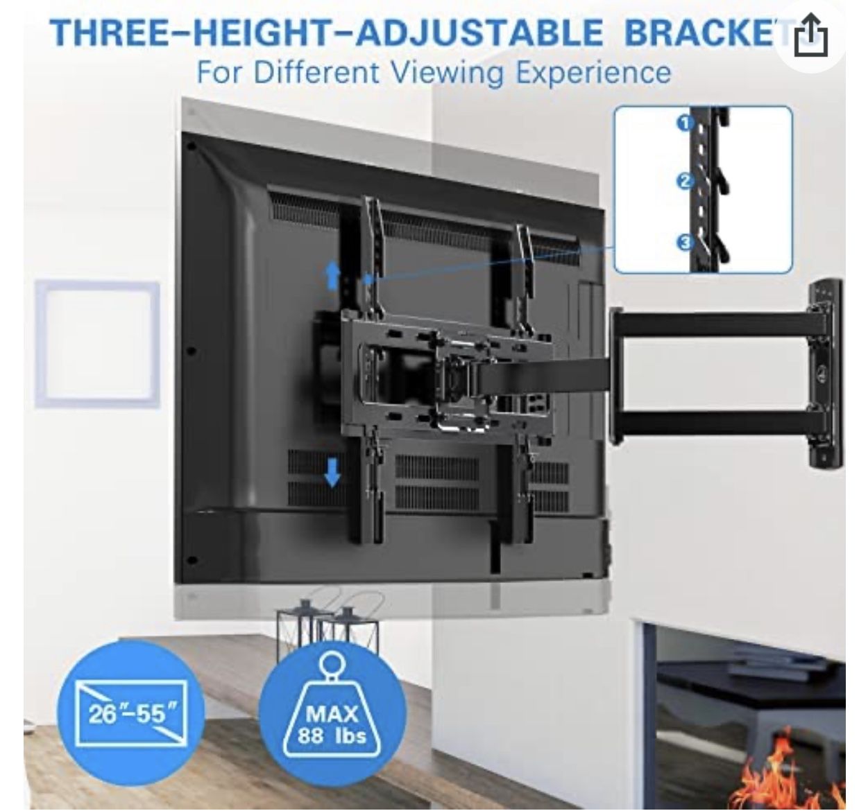 Full Motion TV Wall Mount for Most 23-55 inch LED LCD OLED Flat & Curved TVs up to 88lbs, Single Articulating Arm, Adjust Bracket Height, Swivel, Til