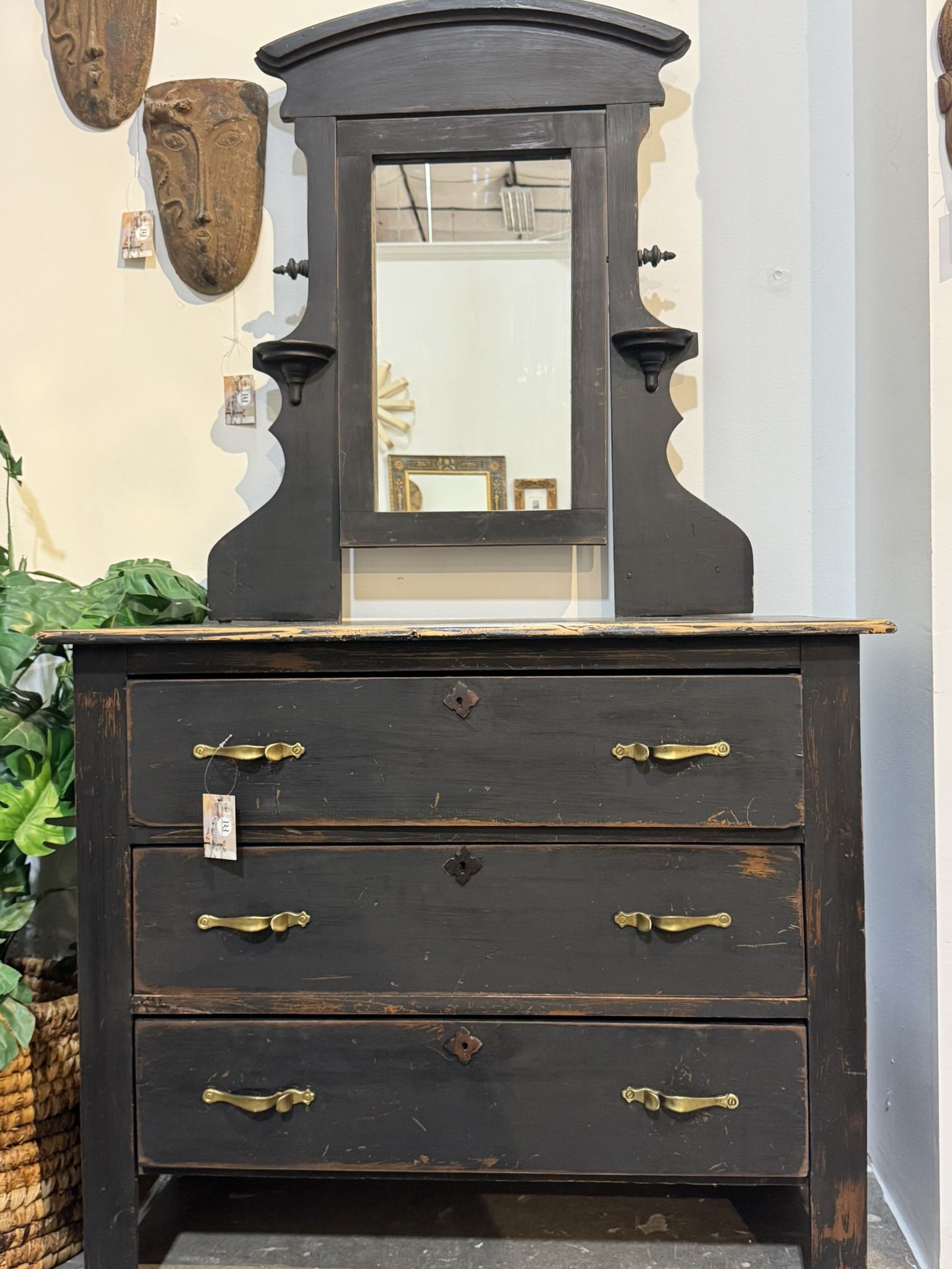 Antique black 19th century distressed vanity 3 drawer dresser Commode free mirror