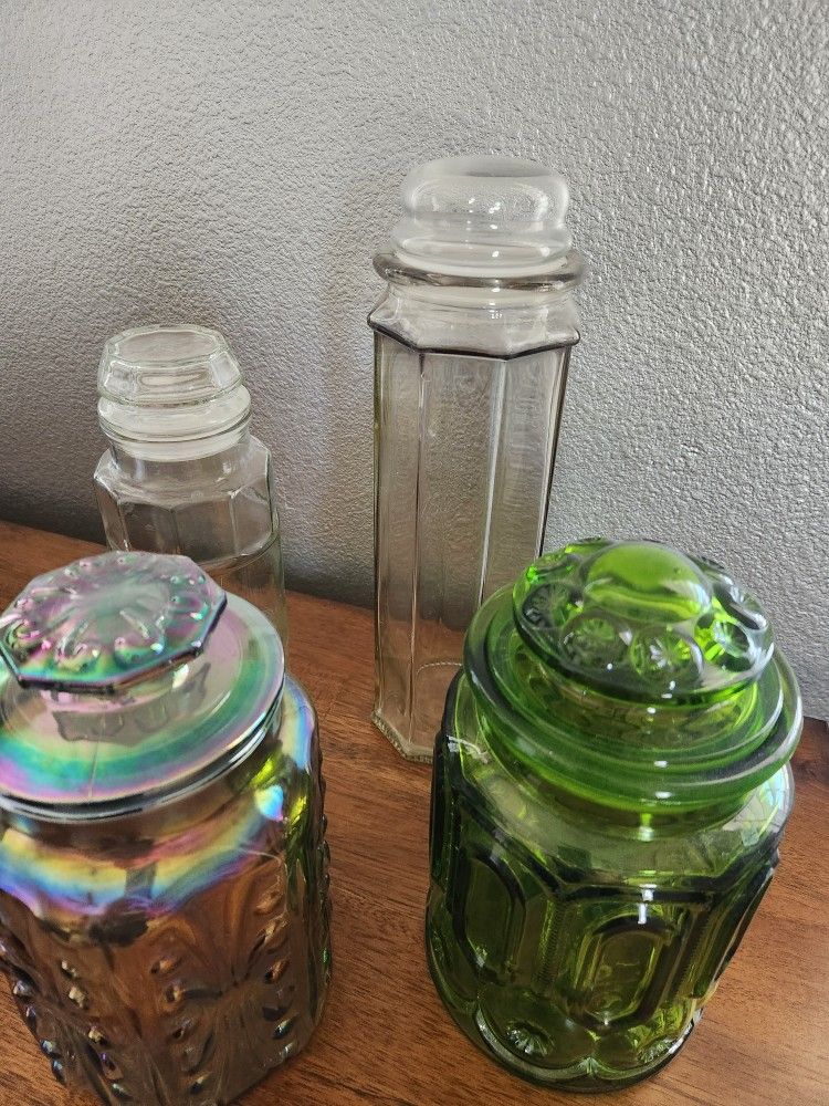 Four Vintage Glass Jars With Lids
