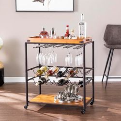 Mayson Tray Top Rolling Bar Cart Wine Rack - Black and Natural