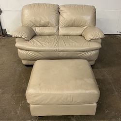 Beige Leather Loveseat and Ottoman. Sofa $150. Footstool $50. Sold Separately. Free to ask, I reply. 