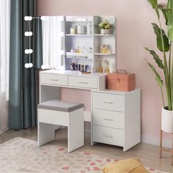 Lighted Slding Mirror Vanity Set with Cabinet and 5 Drawers Makeup Table Desk