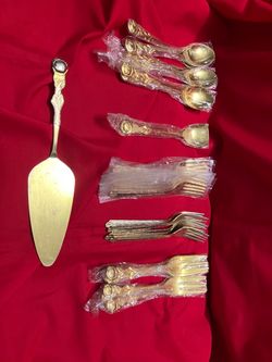 RARE Gilded European Gold Dessert Forks and Teaspoons, Cake Server. 26 Piece Set