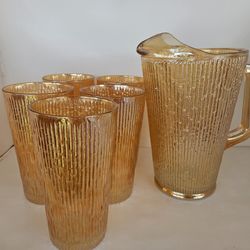 Set of Vintage Iridescent Marigold Tree Bark Carnival Glass