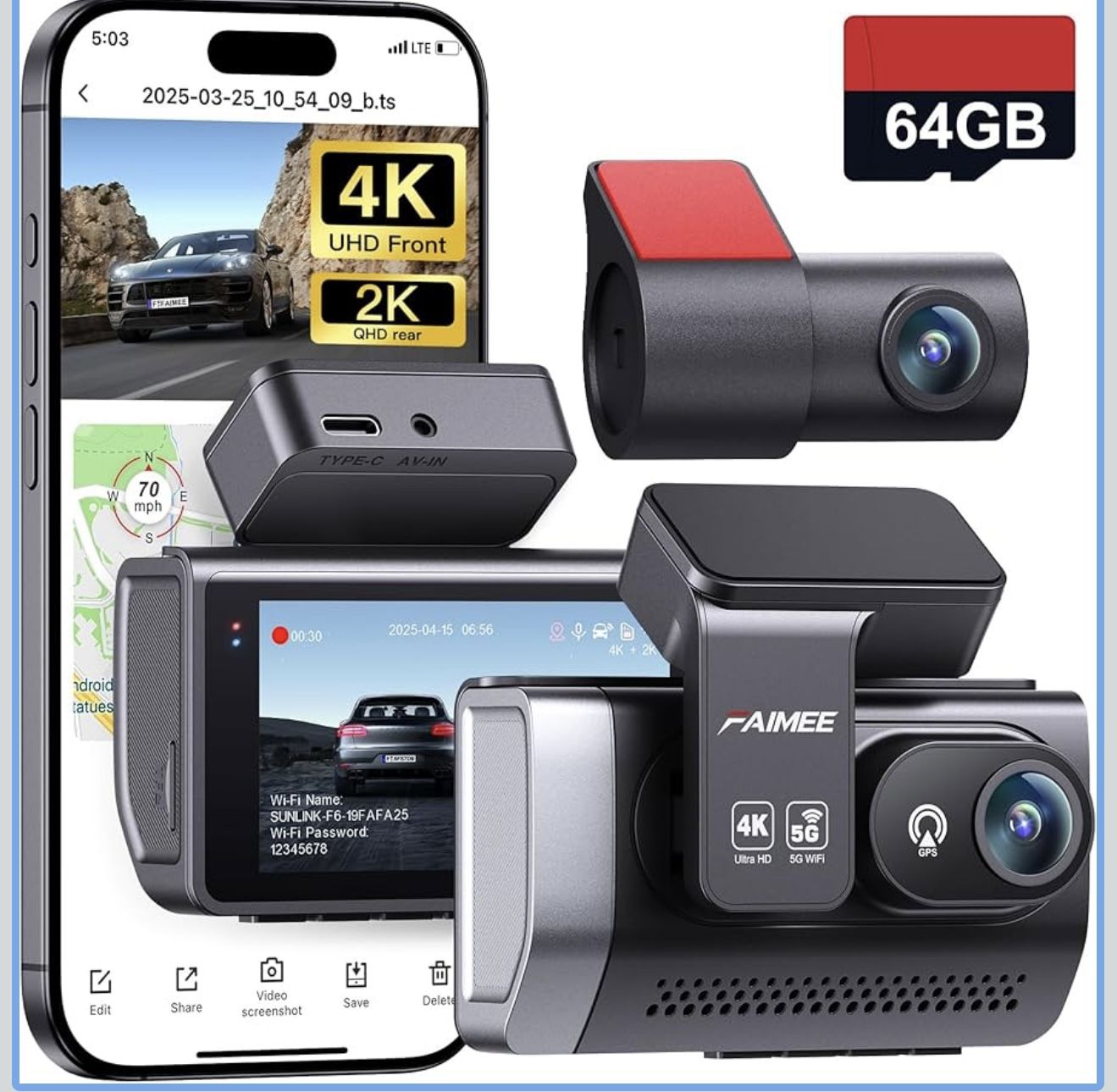 4K Dash Cam Front and Rear with GPS
