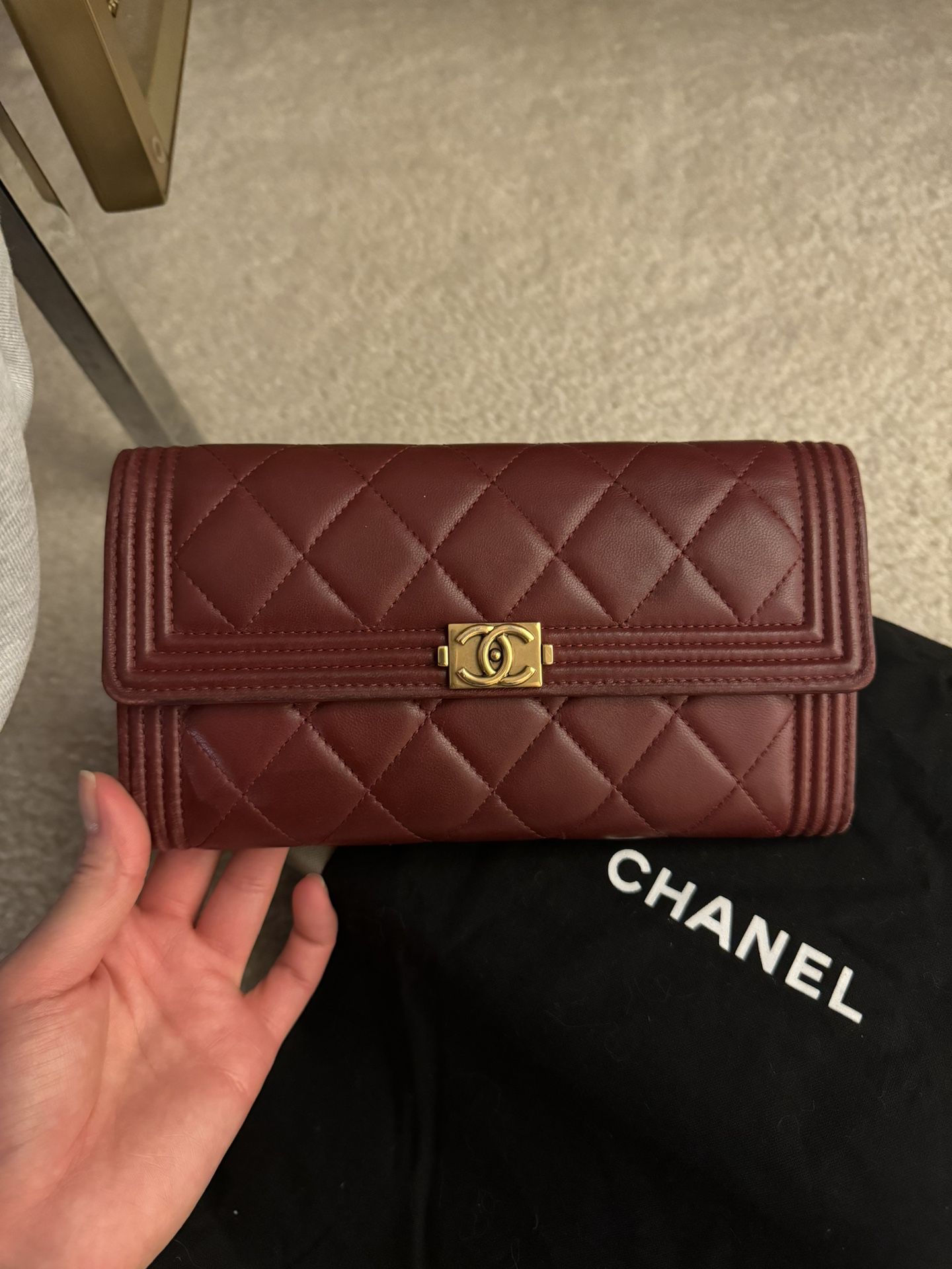 Chanel boy wallet wine red color