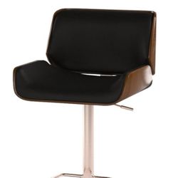 Armen Living London Modern Adjustable Height Swivel Black Faux Leather and Walnut Wood Bar Stool with Chrome Base for Kitchen Island Counter