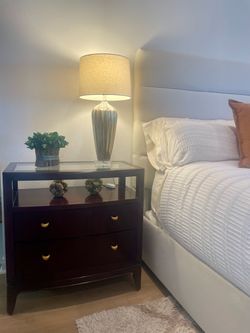 Two Thomasville Bed Side Tables with glass tops.