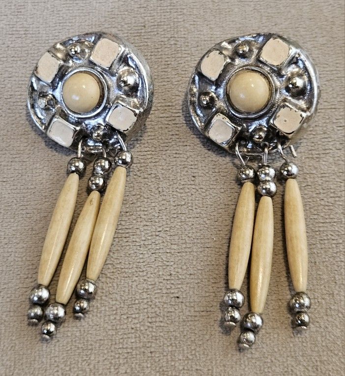 Vintage Style Dangle Earrings With Wood Accents & Silver Hardware 