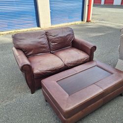Leather Loveseat And Ottoman
