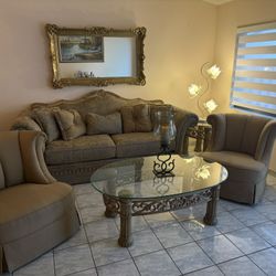 Living Room Furniture Set – Sofa, 2 Chairs & Glass Coffee Table – Great Condition 