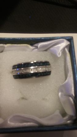 Blue & Clear Diamond band set in Silver with Platinum overlay.