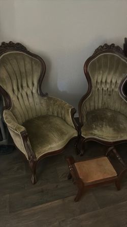 victorian Queen Anne chairs, his and hers, with footstool