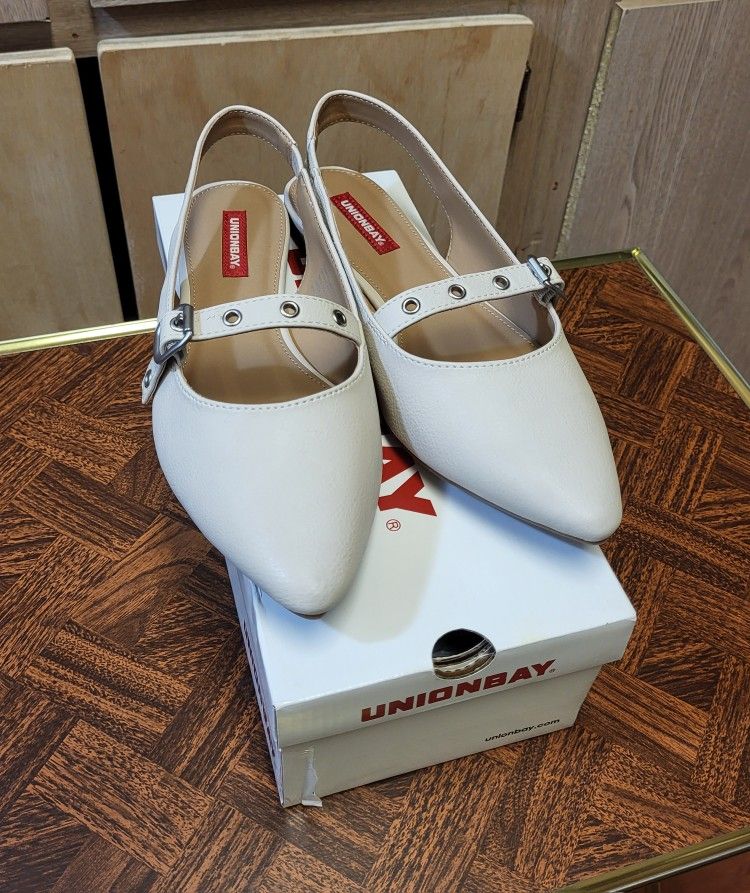 Union Bay Women's Pamira Oat Milk Beige, Sliver Side Buckled Slingback Flats Size: 8.5M
