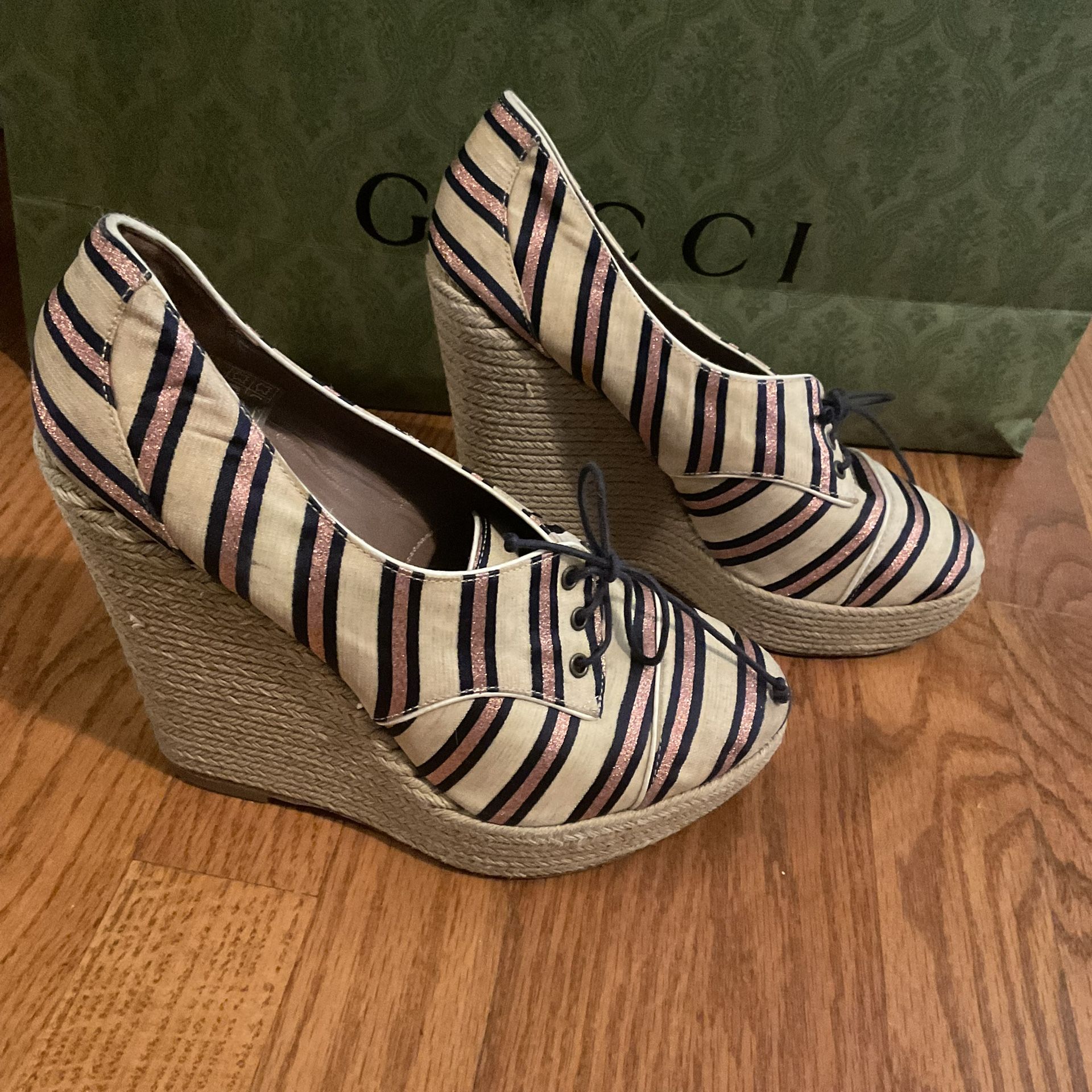 Tabitha Simmons Stripe Oxford Wedge Espadrille Size 39, US 9 Orig $400