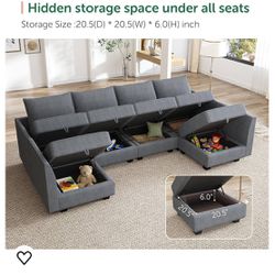 99% New Modular Sofa Sectional Couch with Storage Seats, U-Shaped Modular Sectional Sofa in Bluish Grey