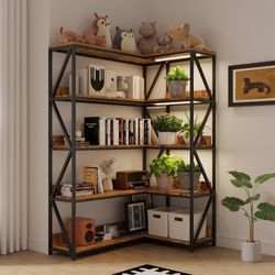 Large Farmhouse Style 5 Tiers Corner Bookshelf with Grow Light, Extra Wide Plant Stand & Bookcase for Home Office 、Craft Space、Living Room, Rustic Woo