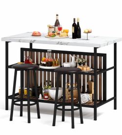 New Bar Table and Chairs Set for 2, Faux Marble Island Table, with 2 Black Padded Chairs $65 firm