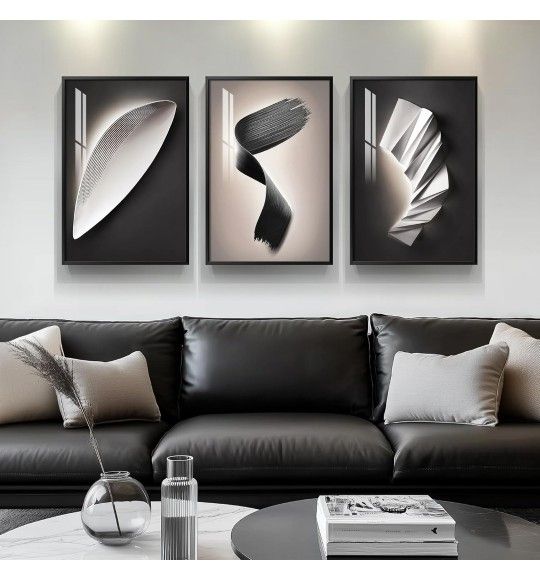 Framed Modern Black and White Abstract Wall Art for Living Room, Large Bright Style 3 Piece Wall Decor, Artwork for Walls, Paintings Pictures for Bath