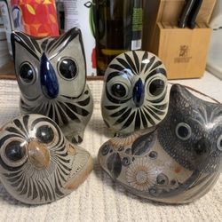 Collection Of 4 Mexican Tonala Pottery Owls 