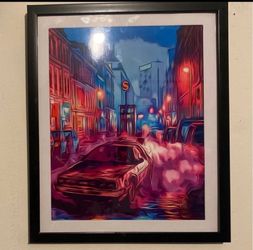 Retro custom art piece of delorean from back to the future in black frame