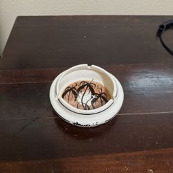 Vintage Hawaii Ceramic Ashtray Round White Hand Made Palm Trees 