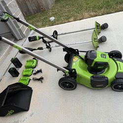 Greenworks 80V Mower with trimmers, batteries & chargers