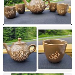 Stoneware Tea Service Set Brown Floral Tea Pot W/ 4 Cups Removable Insert EUC