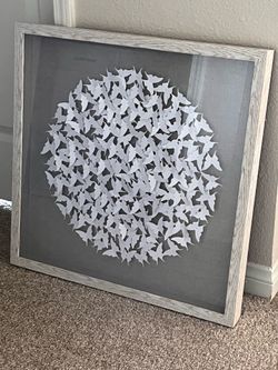Modern 3D paper butterfly wall art on stretched linen fabric  / Glass Shadow box / Light distressed wood frame ( 24 x 24 x 2 in ). Medium size,