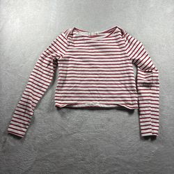 Amo Women’s S Striped Red Cropped Long Sleeve Shirt Button Baby Doll Made USA#8F