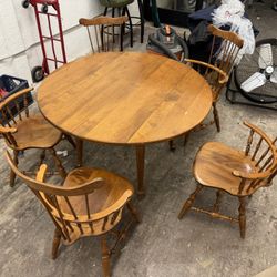 “Vintage Solid Wood Drop-Leaf Round Dining Table + 5 Windsor Chairs (2 Captains)”