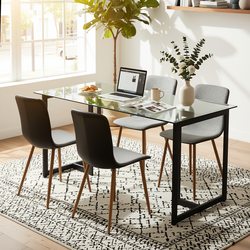 Homy Casa Slip 5PC Dining Set 55” Clear Glass Table with 4 Scargill Upholstered Chairs, Grey Fabric