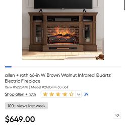 Brand New | allen + roth 66-in W Brown Walnut Infrared Quartz Electric Fireplace