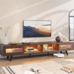 70 in. Mid-century TV Stand Fits TV up to 75 in. with LED Light Ribbed Glass Sliding Door and Open Shelves Walnut