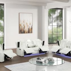 3PC LUZ WHITE RECLINERS W/ LED & SPEAKERS