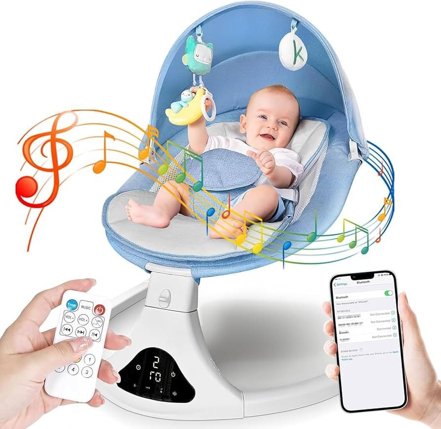 Riviplou Smart Bluetooth Baby Rocker with Remote Control - 5 Speed Gentle Sway & 3 Position | Portable Infant Swing with Machine-Washable Seat 