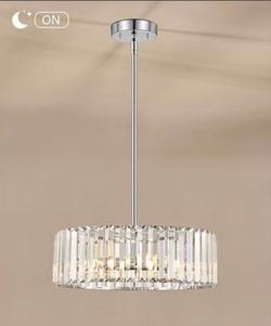 Crystal Chandelier for Dining Room, 4-Light Modern Semi Flush Mount Chandelier Lighting Fixtures, Round Kitchen Hanging Drum Pendant Lights Ceiling fo