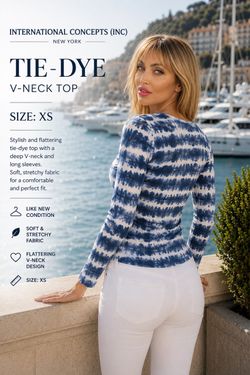 INC International Concepts Blue & White Tie-Dye V-Neck 3/4 Sleeve Top — Size XS