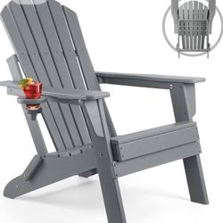 FUNBERRY Folding Adirondack Chair, Fire Pit Chairs, Plastic Adirondack Chairs Weather Resistant with Cup Holder, Composite Adirondack Chairs