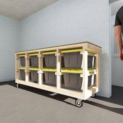 Work Bench With Storage. Work Table. Carpenters Table With Totes Bins Organization 