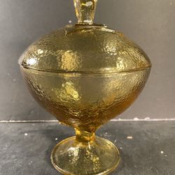 JEANNETTE Vintage Amber Pebbled Glass Pedestal Compote Lidded Candy Dish (Height: 8”)