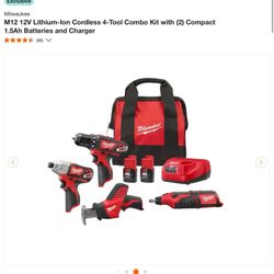 Milwaukee M12 12V Lithium-Ion Cordless 4-Tool Combo Kit with (2) Compact 1.5Ah Batteries and Charger