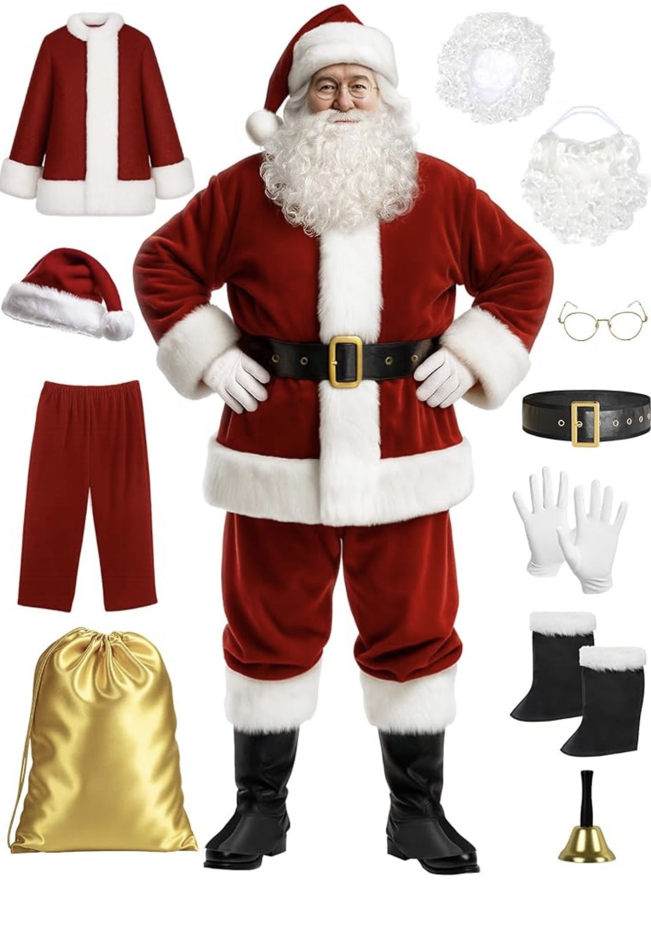 Santa Claus Costume for Men Santa Suit Adults 11pcs —-Size: XXL