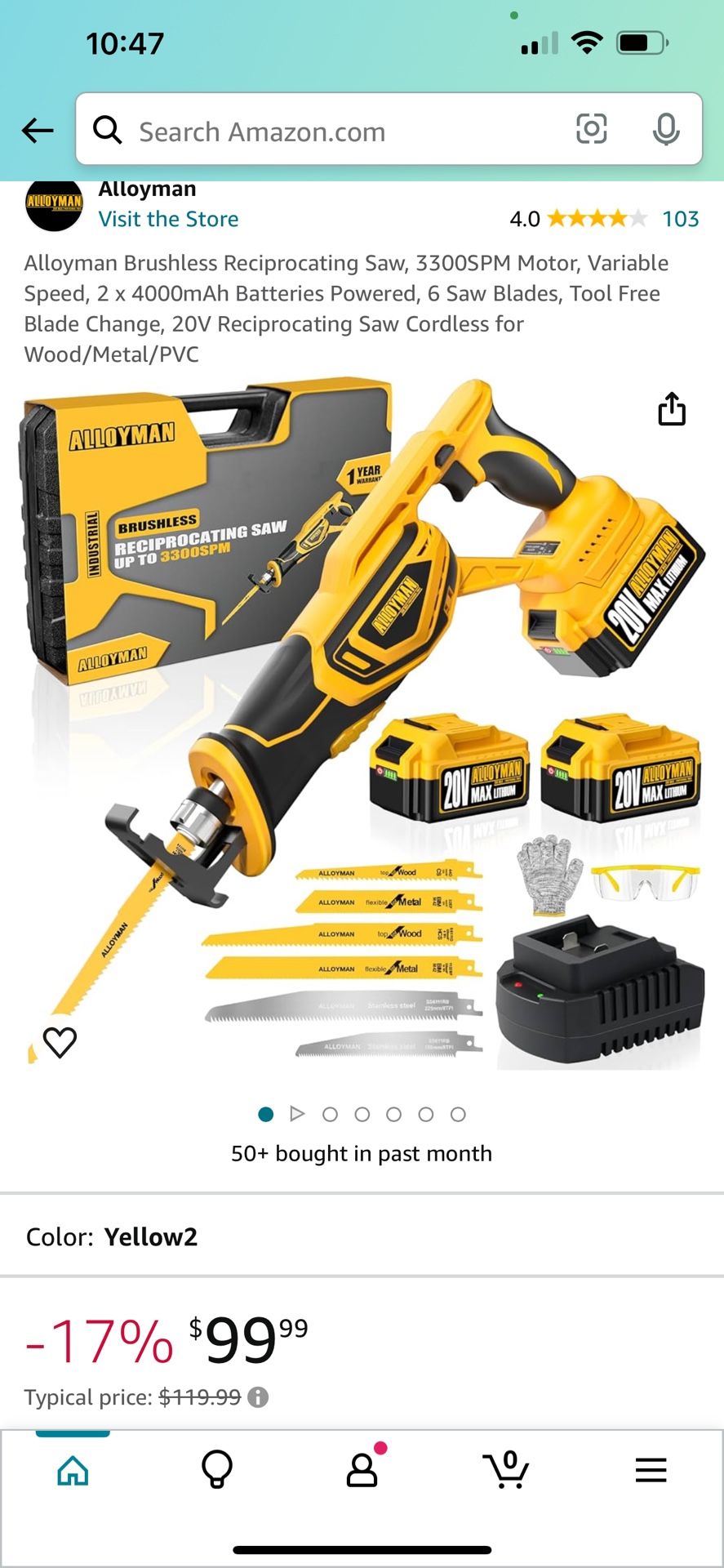 Alloyman Brushless Reciprocating Saw, 3300SPM Motor, Variable Speed, 2 x 4000mAh Batteries Powered, 6 Saw Blades, Tool Free Blade Change, 20V Reciproc