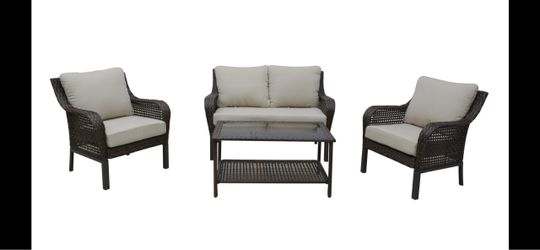 4 Piece Wicker Conversation Set, Blue/Red/Tan