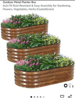 3 Pack Galvanized Raised Garden Bed 4x2x1 ft Oval Metal Planter Boxes Outdoor Open Bottom Vegetable Flower Beds Rust Resistant Wood Grain Finish