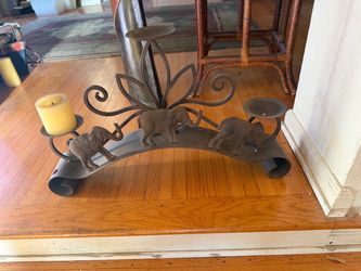 Wrought Metal Three-Elephant Candelabra / Pillar Candle Holder