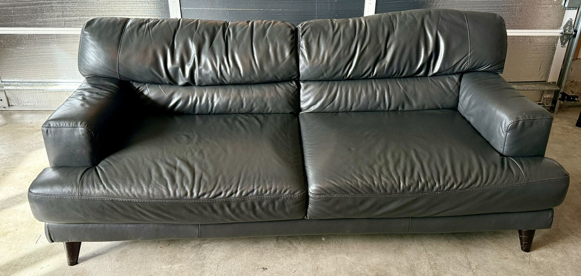 Premium gray leather couch from Macy’s L78” x D 37” x seat height 19”, normal wear. Must pickup
