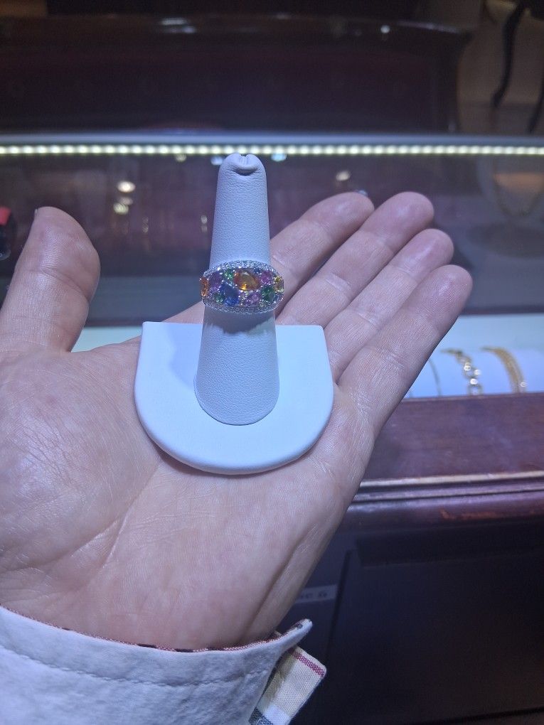 14k White Gold Multi Color Saphire Ring With Natural Diamonds
