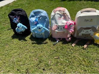 Stitch, melody, and pompurin backpacks